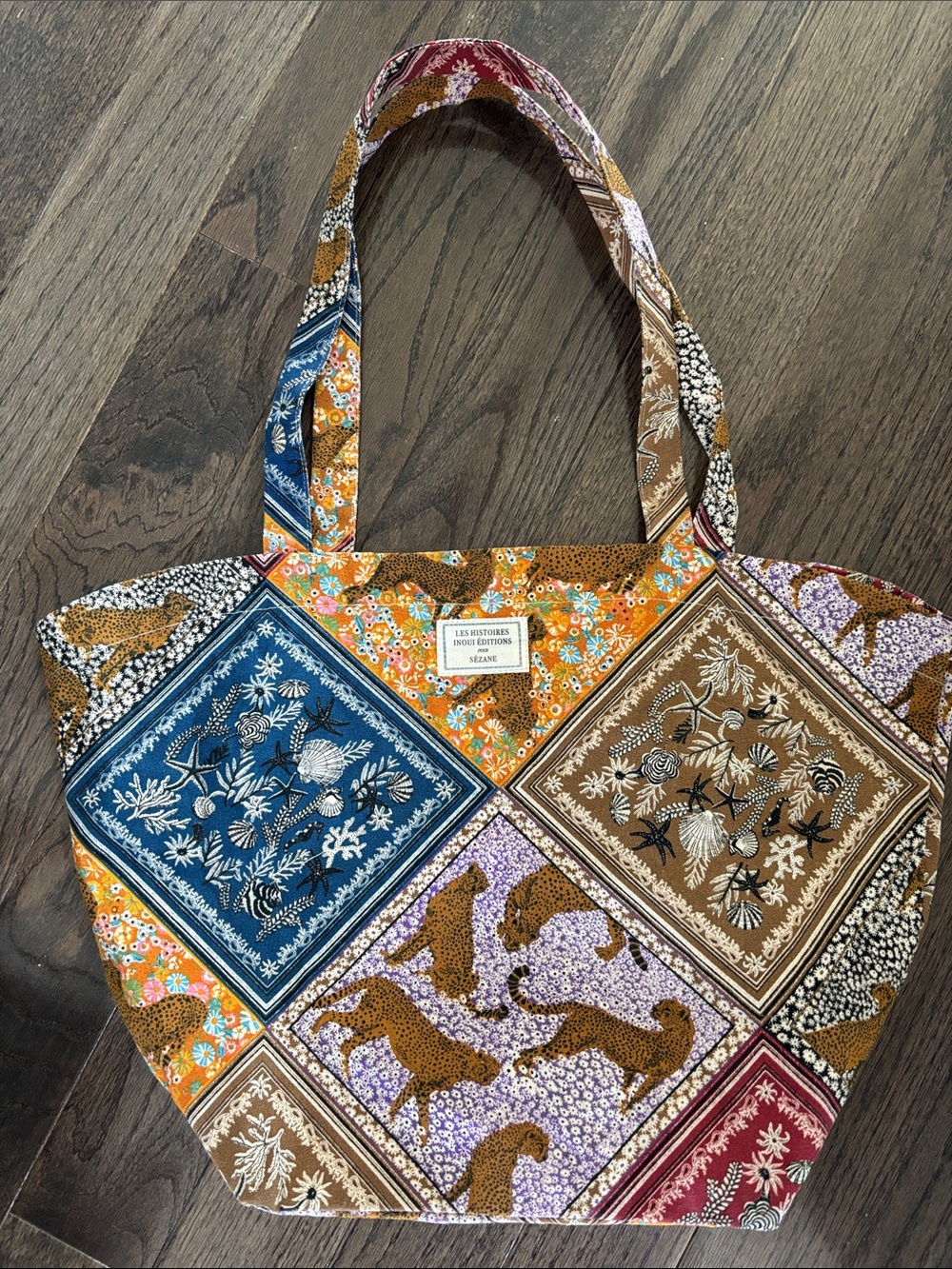 Sezane + Inoui tote bag, vintage style prints, patchwork, 100% cotton, 19x13”